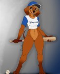 anthro baseball baseball_bat baseball_cap bat_(object) belly bottomless bottomless_female brown_eyes brown_hair canid canine canis clothed clothing colored_nails dachshund deerwalker domestic_dog female floppy_ears genitals hair halter_top hat headgear headwear hi_res hunting_dog looking_at_viewer mammal nails navel pussy shirt smile smiling_at_viewer solo sportswear standing t-shirt tail tongue topwear