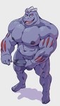 anthro balls fangs generation_1_pokemon genitals grey_body grey_skin holding_penis looking_at_viewer looking_up machoke male muscular muscular_male nintendo nipples penis pokemon pokemon_(species) red_body red_eyes red_skin shadow simple_background smile solo standing taoren teeth