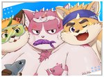 accessory annoyed anthro blush cheek_to_cheek cross-popping_vein eyewear feral fish_in_mouth fur goggles group headband male male/male moobs one_eye_closed orange_body orange_fur overweight overweight_male pink_body pink_fur trio wink harumuname tamacolle bungo_(tamacolle) iyo_(tamacolle) musashi_(tamacolle) canid canine canis domestic_cat domestic_dog felid feline felis fox mammal 4:3 hi_res