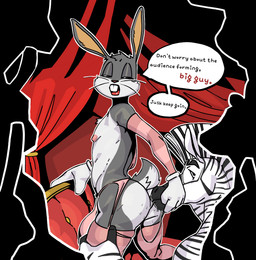 anal anthro anthro_on_anthro anus arm_warmers armwear big_bulge bodily_fluids buckteeth bulge butt clothed clothing crossdressing crossdressing_male dialogue duo femboy fur garter_straps gloves grey_body grey_fur handwear interspecies legwear long_ears male male/male nipples oral rimming saliva saliva_string sex short_tail speech_bubble stockings tail teeth text thong underwear whiskers poskapaints looney_tunes warner_brothers batan_(poskapaints) bugs_bunny equid equine lagomorph leporid mammal rabbit zebra english_text hi_res