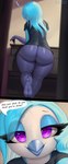anthro big_butt bottomless butt clothed clothing dialogue exclamation_point feet femboy huge_butt looking_at_viewer male solo text thousandfoldfeathers skye_(thousandfoldfeathers) avian bird 2025 english_text hi_res