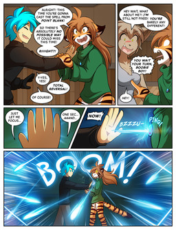 5_fingers anthro biped blue_hair bottomless bottomless_anthro bottomless_female bottomwear breasts brown_hair clothed clothed_anthro clothed_female clothed_human clothed_male clothing crossgender dialogue duo eyes_closed featureless_breasts female fingers footwear ftm_crossgender fully_clothed fully_clothed_human fully_clothed_male fur hair magic male male_human mirror mtf_crossgender orange_body orange_fur orange_tail partially_clothed partially_clothed_anthro partially_clothed_female shoes speech_bubble tail text topwear yellow_eyes conditional_dnp tom_fischbach twokinds flora_(twokinds) trace_legacy basitin felid human keidran mammal pantherine tiger 2025 comic english_text hi_res
