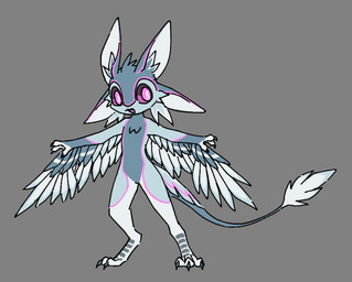3_claws 3_fingers 3_toes 4_ears ambiguous_anthro ambiguous_gender anthro biped claws digitigrade feathers featureless_chest featureless_crotch feet finger_claws fingers grey_background grey_body inner_ear_fluff iris looking_aside multi_ear multicolored_body multicolored_feathers nude_ambiguous nude_anthro open_mouth pink_body pink_eyes pink_sclera pupils simple_background solo spread_arms standing tail toe_claws toes tuft white_pupils winged_arms wings 541b_bug avali avian 2025 digital_drawing_(artwork) digital_media_(artwork) flat_colors full-length_portrait portrait