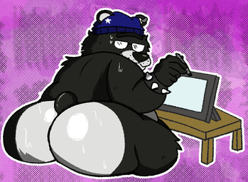 anthro bodily_fluids butt clothed clothing looking_at_viewer male partially_clothed solo sweat sweatdrop sebboh bear mammal