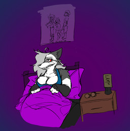 anthro bed big_breasts braces breasts clothed clothing depression female furniture humor nerd partially_clothed poster solo bigtrog84 hellaverse helluva_boss mythology loona_(helluva_boss) canid canid_demon canine demon hellhound mammal mythological_canine mythological_creature