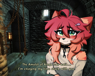 anthro black_nose blush chain clothed clothing cuff_(restraint) dungeon eyebrows female freckled_face freckles hair inside looking_at_viewer off_shoulder restraints shackles solo text yappcat bethesda_game_studios microsoft oblivion the_elder_scrolls yumi_(catniplewds) domestic_cat felid feline felis mammal 2025 5:4 digital_media_(artwork) english_text hi_res