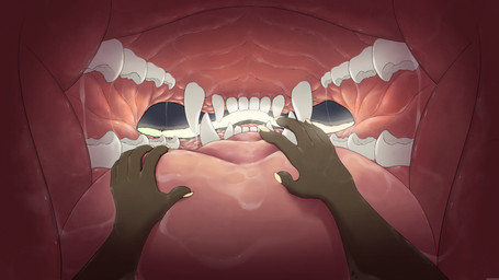 ambiguous_form ambiguous_gender anthro anthro_prey bodily_fluids brown_body brown_fur canine_teeth claws disembodied_hand duo extreme_size_difference fangs fur inside_mouth micro_anthro micro_pov on_tongue open_mouth oral_vore palate prey_pov reaching reverse_mouth_shot saliva saliva_on_arms saliva_on_hand saliva_on_tongue saliva_string size_difference teeth tongue unseen_pred upwell_shot vore white_claws armorine 16:9 hi_res widescreen