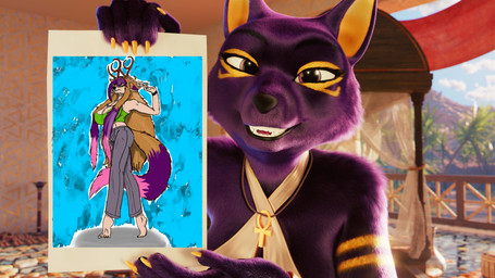 abstract_background ankh_pendant anthro antlers barefoot bottomwear clothing detailed_background egyptian egyptian_clothing egyptian_eyeliner feet female freckles hair holding_object horn inner_ear_fluff multicolored_hair pants purple_body red_eyes shirt smile solo stretching sweatpants tank_top teeth topwear tuft yellow_inner_ear_fluff cakeinferno dylanaildon_no_2 third-party_edit chloe_(cakeinferno) tirisk_(dylanaildon_no_2) anubian_jackal canid canine canis forest_spirit genie jackal mammal 16:9 3d_(artwork) 4k absurd_res digital_media_(artwork) hi_res meme widescreen
