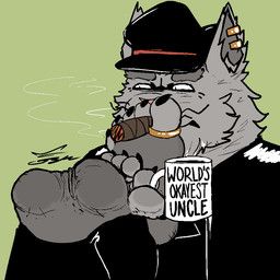 5_toes anthro beard black_eyeshadow black_nail_polish black_nails black_toenails black_whiskers cigar cigar_in_mouth claws clothing colored_nails container cup digit_ring dirty dirty_feet ear_piercing eyebrows eyeshadow facial_hair feet foot_fetish foot_focus foot_on_face foot_on_nose fur furrowed_brow green_background grey_body grey_fur hat headgear headwear holding_coffee_mug holding_object_with_feet humanoid_feet jacket jewelry judging leather leather_clothing leather_hat leather_headgear leather_headwear leather_jacket leather_topwear long_fur makeup male meme_pose messy_fur mug nails object_in_mouth piercing pink_nose plantigrade raised_foot ring simple_background smoke solo thick_eyebrows toe_claws toe_ring toeless_(marking) toenails toes topwear whiskers wrinkled_feet wrinkles catskatematch uncle_liam_(catskatematch) domestic_cat felid feline felis maine_coon mammal digital_media_(artwork) meme