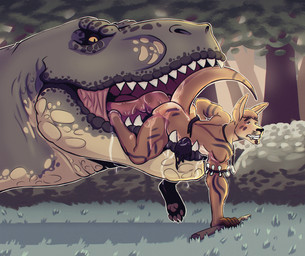 ambiguous_gender anal anal_penetration anthro claws duo extreme_size_difference hunter hunting imminent_vore licking male male/ambiguous male/male male_penetrated male_penetrating male_penetrating_male muscular nude open_mouth pawpads penetration predator/prey sex size_difference tail tattoo tongue tongue_penetration vore weapon crazmax liam_(runneroo) dinosaur kangaroo macropod mammal marsupial prehistoric_species reptile scalie 2025 digital_media_(artwork) hi_res