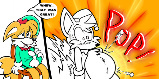 2_tails anthro belly blue_eyes blush blush_lines button_(fastener) button_pop christmas_clothing christmas_headwear clothed clothed_anthro clothed_male clothing dialogue dipstick_tail fully_clothed fully_clothed_anthro fully_clothed_male fur gloves handwear hat headgear headwear holidays male markings multi_tail overweight overweight_anthro overweight_male santa_hat shirt shocked solo speech_bubble tail tail_markings text topwear wardrobe_malfunction weight_gain white_belly white_clothing white_gloves white_handwear white_inner_ear white_mouth white_tail_tip yellow_body yellow_fur young floofyboyetime christmas sega sonic_the_hedgehog_(series) miles_prower canid canine fox mammal 2022 comic english_text hi_res