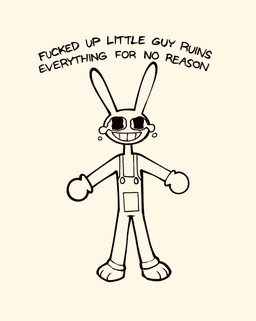 3_toes barefoot big_pupils bodily_fluids clothing crying dilated_pupils feet gloves grin handwear long_ears overalls pupils simple_background smile standing tan_background tears teeth_showing text toes gooseworx glitch_productions the_amazing_digital_circus jax_(tadc) lagomorph leporid mammal rabbit 2025 english_text hi_res monochrome