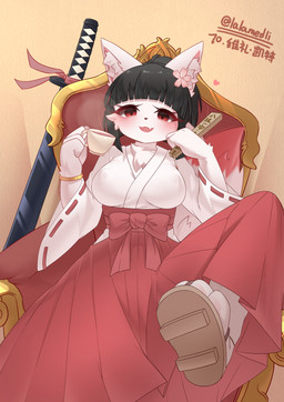 anthro beverage biped black_hair breasts chair clogs clothing female female_anthro footwear furniture hair hand_fan katana kemono knife magic_user melee_weapon nipple_outline red_eyes shy solo sword tea weapon white_body witch lalamedli canid canine fox mammal absurd_res hi_res