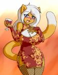 alcohol anthro asian_clothing beverage big_breasts blue_eyes breasts chinese_clothing chinese_dress cleavage clothed clothing dress drunk east_asian_clothing female fur gloves hair handwear orange_body orange_fur solo substance_intoxication white_body white_fur white_hair wide_hips wine rakkuguy honey_milk_(character) domestic_cat felid feline felis mammal