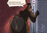 anthro anus backsack balls bear being_watched bow_tie brown_body brown_fur butt clothing dialogue door english_text five_nights_at_freddy's five_nights_at_freddy's_4 fur fur_markings gender_symbol genitals hallway hat headgear headwear heart_symbol hi_res looking_at_another male male_symbol mammal markings nightmare_freddy_(fnaf) open_door peaking scar scottgames solo symbol tail techbun text top_hat topwear yellow_eyes