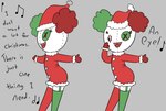 button_(fastener) button_eyes christmas_clothing christmas_headwear clothing clown doll dress female green_eyes green_hair grey_background hair handwear headgear headwear holidays legwear missing_eye mittens musical_note musical_symbol not_furry phone_drawing plushie red_hair simple_background singing solo symbol text thigh_highs white_body happy_harvey christmas animate_inanimate humanoid living_doll english_text hi_res