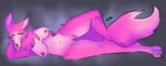 anthro belly claws ears_up female finger_claws fluffy fluffy_tail fur green_eyes nipples pink_body pink_fur pose solo tail toe_claws vulva lust_mutt canid canine mammal absurd_res hi_res