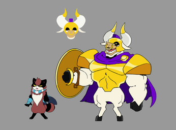 anthro armor black_body black_fur brown_body brown_fur duo facial_piercing fur humanoid_hands male muscular muscular_male nose_piercing nose_ring piercing ring_piercing scar shield simple_background white_body white_fur parker_simmons curry_(copyright) curry_(parker_simmons) euros_(parker_simmons) bovid bovine canid canine cattle mammal raccoon_dog tanuki 2021