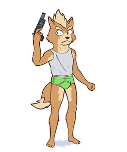 anthro barefoot black_gun black_nose blonde_hair briefs clothing colored_seam_briefs colored_seam_underwear eyebrows feet footwear fur green_briefs green_clothing green_eyes green_underwear grey_clothing grey_shirt grey_tank_top grey_topwear grey_underwear gun hair holding_gun holding_object holding_ranged_weapon holding_weapon jacket male orange_body orange_fur ranged_weapon shirt shoes simple_background solo tan_body tan_fur tank_top thick_eyebrows topwear underwear weapon white_background white_seam_briefs white_seam_underwear white_waistband y-fronts ursanity nintendo star_fox fox_mccloud canid canine fox mammal hi_res