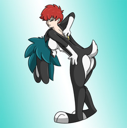 anthro black_body black_fur breasts butt closed_smile clothing consensual_transformation costume female flustered fur fursuit gender_transformation green_eyes hair happy male mid_transformation mouth_closed mtf_transformation multicolored_body multicolored_fur nipples red_hair simple_background smile solo standing suit_transformation tail teal_hair transformation two_tone_body two_tone_fur zipper fox0808 human lagomorph leporid mammal rabbit 2015 colored digital_drawing_(artwork) digital_media_(artwork) sequence shaded simple_shading