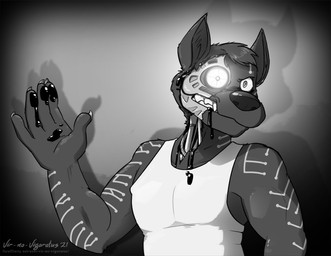 anthro blood blood_drip blood_on_face blood_on_hand bodily_fluids cybernetic_eye cybernetic_neck cybernetics dripping exposed_endoskeleton furrowed_eyebrows gesture looking_at_viewer machine male solo waving waving_at_viewer kajowwojak kajowwojak_(character) canid canine canis cyborg mammal robot wolf monochrome