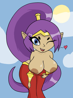 areola blue_eyes breasts brown_areola brown_nipples dark_body dark_skin exposed_breasts female flashing flashing_breasts hair leaning leaning_forward looking_at_viewer nipples one_eye_closed pointy_ears ponytail solo teasing wink winking_at_viewer twistednature shantae_(series) wayforward shantae genie humanoid 3:4 absurd_res hi_res