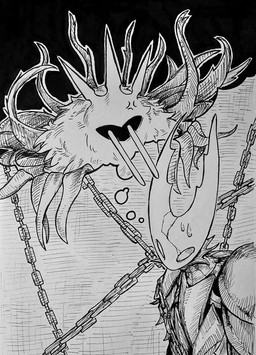 2_horns ambiguous_gender angry bodily_fluids bound chain cross-popping_vein duo fur horn looking_at_another shoulder_pads sweat sweatdrop sharpski hollow_knight_(franchise) inktober team_cherry hollow_knight_(character) radiance_(hollow_knight) arthropod insect lepidopteran moth vessel_(species) 2025 absurd_res hi_res monochrome traditional_media_(artwork) female_(lore)