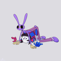 4_fingers all_fours anthro ass_up big_pupils blush blush_lines confusion dilated_pupils duo eyebrows female fingers flustered male pupils raised_eyebrow screaming_alice glitch_productions the_amazing_digital_circus jax_(tadc) pomni_(tadc) humanoid lagomorph leporid mammal rabbit 1:1 absurd_res hi_res