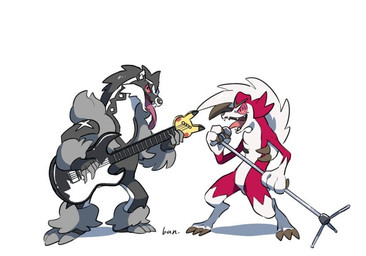 anthro black_body black_fur duo electric_guitar electronics fur guitar microphone microphone_stand musical_instrument plucked_string_instrument simple_background string_instrument tongue tongue_out white_background white_body white_fur ban nintendo pokemon generation_7_pokemon generation_8_pokemon lycanroc midnight_lycanroc obstagoon pokemon_(species) 2019