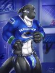 abs anthro athletic biceps big_bulge big_muscles black_body black_skin blue_eyes bulge cellphone clothed clothing clothing_lift duo electronics fangs fin glistening glistening_body glistening_skin grin hockey jersey jockstrap locker locker_room looking_at_another looking_at_viewer male muscular muscular_male open_mouth partially_clothed pecs peeping phone pose scales sharp_teeth shirt shirt_lift smartphone smile solo_focus sport standing teeth tongue topwear underwear white_body white_skin katsuke canucks nhl vancouver_canucks fin_(vancouver_canucks) cetacean dolphin mammal marine oceanic_dolphin orca toothed_whale 2014 digital_media_(artwork) hi_res