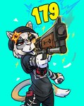 anthro beanie clothed clothed_anthro clothed_female clothing dipstick_tail female fully_clothed fully_clothed_anthro fully_clothed_female fur grey_body grey_fur grey_tail gun hat headgear headwear holding_gun holding_object holding_ranged_weapon holding_weapon markings one_eye_closed open_mouth pink_nose ranged_weapon solo tail tail_markings weapon white_body white_fur white_tail yellow_body yellow_fur yellow_tail theblueberrycarrots arcanis_(hahaluckyme) calico_cat domestic_cat felid feline felis mammal 2025 digital_drawing_(artwork) digital_media_(artwork) hi_res signature