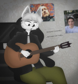 acoustic_guitar anthro black_clothing black_coat black_nose black_topwear bottomwear chair clothing coat electronics furniture green_bottomwear green_clothing green_pants grey_hair guitar hair inside male musical_instrument on_chair open_mouth pants playing_guitar playing_music plucked_string_instrument poster poster_(object) russian shirt sitting sitting_on_chair solo string_instrument television text topwear white_body white_clothing white_shirt white_topwear white_wall magixel sefex yaru_(ilhell) canid canine canis human mammal wolf cyrillic_text english_description hi_res russian_text translation_check translation_request