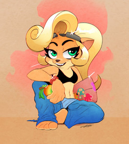 4_toes 5_fingers anthro barefoot blonde_hair bottomwear bra bracelet breasts clothed clothing computer electronics eyewear eyewear_on_head feet female fingers food fruit fur goggles goggles_on_head green_eyes hair humanoid_feet humanoid_hands jewelry laptop looking_at_viewer midriff navel orange_body orange_fur pants paws plant plantigrade sitting smile smiling_at_viewer solo toes underwear whiskers wumpa_fruit scottyartz activision crash_bandicoot_(series) coco_bandicoot bandicoot mammal marsupial 2023