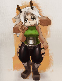 anthro antlers armor boots breasts clothing eyeshadow female floppy_ears footwear fur green_clothing grey_eyes hair horn looking_at_viewer makeup shoes solo tan_body tan_fur thick_thighs thigh_fluff white_hair wide_hips fenceil atlyss poon_(atlyss) 2025 absurd_res hi_res