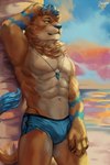 abs against_natural_surface against_surface against_tree anthro athletic athletic_anthro athletic_male beach blue_markings blue_nose bulge clothed clothing countershading fur hand_on_head hand_on_own_head jewelry male mane markings muscular muscular_anthro muscular_male navel necklace palm_tree pecs plant raised_arm seaside solo standing swimwear tan_body tan_fur topless topless_male tree juiceps dexterlion felid lion mammal pantherine 2021 digital_media_(artwork) hi_res portrait three-quarter_portrait