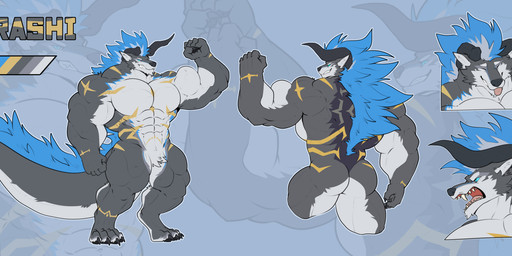 2_horns abs anthro biceps big_muscles big_pecs black_claws black_horn blep blue_eyes blue_hair blue_sclera broken_horn butt claws clenched_teeth color_swatch digitigrade featureless_crotch finger_claws front_view fur grey_body grey_fur hair horn long_tail male markings multicolored_body multicolored_fur muscular muscular_anthro muscular_male pawpads pecs purple_body purple_fur rear_view solo tail tail_mane teeth thick_tail toe_claws tongue tongue_out white_body white_fur yellow_body yellow_fur yellow_markings alzeaker final_fantasy mythology square_enix inuarashi_(whitexwolfy) behemoth_(final_fantasy) canid canine canis dragon hybrid mammal mythological_creature mythological_scalie scalie wolf hi_res model_sheet