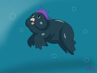 ambiguous_gender black_eyes feral fin hair open_mouth overweight purple_hair side_view smile solo teal_body teal_fin text underwater water z05 fluffy_pony fluffy_pony_(species) mammal 2024 4:3 artist_name digital_media_(artwork) english_description hi_res shaded