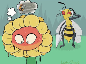 ambiguous_gender black_body blush duo feelers female flower grass_field multicolored_body plant question_mark red_eyes striped_body stripes thought_bubble wings yellow_body leafysharp beedrill_string_shot_(meme) electronic_arts nintendo plants_vs._zombies pokemon pokemon_stadium popcap_games arthropod beedrill elemental_creature flora_fauna flower_creature generation_1_pokemon insect pokemon_(species) sunflower_(pvz) 2026 4:3 animated digital_media_(artwork) loop meme no_sound short_playtime webm