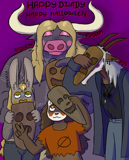 ambiguous_gender anthro armwear black_clothing black_coat black_shirt black_topwear blonde_hair blush bottomwear brown_body brown_fur brown_hair clothed clothing coat covered_face covered_mouth denim denim_bottomwear denim_clothing ear_piercing ear_ring eyes_closed eyeshadow fang_necklace fang_pendant fishnet_armwear fishnet_clothing fishnet_topwear fur green_eyes grey_body grey_fur grey_hair group hair holding_mask holidays horn jeans jewelry makeup male mask multicolored_body multicolored_eyes multicolored_fur nipples notched_ear orange_blush orange_clothing orange_eyeshadow orange_nose orange_shirt orange_topwear pants pendant piercing pink_blush pink_eyeshadow pink_nipples pink_nose purple_background purple_blush religion ring_piercing shirt simple_background size_difference smile tattoo text topless topless_male topwear torn_clothing torn_shirt torn_topwear wearing_mask white_body white_fur yellow_blush yellow_eyeshadow yellow_nose pathetic_pagan dziady european_mythology halloween mythology paganism slavic_mythology bies_(pathetic_pagan) jaroszek likho_(pathetic_pagan) stolem_(pathetic_pagan) aurochs bovid bovine caprine chamois hare lagomorph leporid mammal mustelid polecat_(mustelid) recently_extinct_species tatra_chamois