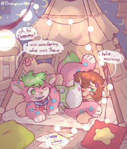 abdl accessory anthro blush blush_lines cheek_tuft clothed clothing collar cozy crib detailed_background diaper diaper_fetish diaper_in_face duo ear_tuft embarrased_horny embarrassed embarrassed_expression exclamation_point facial_tuft fur green_body green_eyes green_fur hair_accessory hairclip heart_(marking) heart_symbol humiliation inside light light_bulb lights male male/male markings moon_(marking) pawpads paws pillow pink_body pink_fur raised_paw shy sleepover smile speech_bubble string_lights tail text tuft wearing_diaper dreamyart canid canine domestic_cat felid feline felis fox mammal absurd_res hi_res