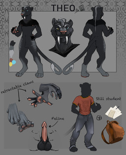 animal_genitalia animal_penis anthro backpack balls black_body black_fur blue_eyes bottomwear clothing denim denim_bottomwear denim_clothing erection fangs feline_genitalia feline_penis fully_sheathed fur genitals grey_body grey_fur grey_hair hair heterochromia jeans looking_at_viewer male male_anthro notebook nude nude_anthro nude_male pants paper penis pink_penis sabertooth_(anatomy) sheath shirt smile solo standing teeth text topwear yellow_eyes i-psilone theo_blackfang felid hybrid lion mammal pantherine prehistoric_species saber-toothed_tiger 2015 english_text hi_res model_sheet