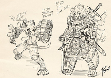 4_toes anthro armor bandage bandaged_leg bared_teeth bottomwear claws clothed clothing digitigrade duo feet footwear front_view gloves hair handwear jacket looking_at_viewer male melee_weapon messy_hair pants plantigrade spread_toes standing sword toeless_footwear toes topwear weapon penguinexperience american_opossum felid lion mammal marsupial pantherine monochrome signature sketch