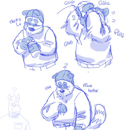anthro beard black_ears black_hands black_nose blue_outline breath brown_body brown_fur clothing dialogue diamond_(marking) drinking eyebrows eyes_always_closed eyes_closed eyewear facial_hair frown fur glasses male markings outline panting question_mark shirt simple_background standing striped_markings striped_tail stripes stubble sweater tail tail_markings text thick_eyebrows tongue tongue_out topwear whisker_spots white_background p_rindustries elubbb_(p_rindustries) p_rindustries_(p_rindustries) canid canine equid equine horse mammal raccoon_dog tanuki 1:1 english_text hi_res monochrome