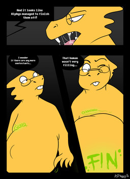 anthro belly big_belly female gui onomatopoeia open_mouth simple_background size_difference solo sound_effects text tongue vore chubbyjam undertale undertale_(series) alphys frisk_(undertale) lizard mammal reptile scalie comic english_text
