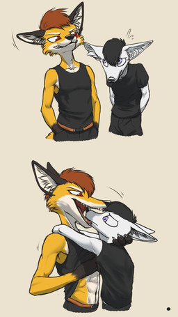 4_fingers abs anthro anthro_pred anthro_prey athletic athletic_anthro athletic_male belt biped black_bottomwear black_clothing black_hair black_nose black_pants black_shirt black_tank_top black_topwear bottomwear brown_hair brown_markings cheek_tuft claws clenched_teeth clothed clothing clothing_lift clothing_pull countershade_torso countershading duo eye_contact eyebrows facial_markings facial_tuft fangs fingers fluffy fluffy_tail front_view fur fur_markings fur_tuft gloves_(marking) grey_background grin hair half-closed_eyes hand_behind_head hand_in_pocket hands_behind_back hands_in_both_pockets head_markings hug imminent_vore inner_ear_fluff looking_at_another looking_down looking_up male male_pred male_prey markings motion_lines multicolored_body multicolored_fur narrowed_eyes navel open_mouth oral_vore pants pecs pockets presenting_mouth purple_eyes red_eyes red_markings shirt short_hair side_view simple_background smile soft_vore standing tail tan_tongue tank_top teeth three-quarter_view tongue topwear tuft vore white_body white_claws white_countershading white_eyebrows white_fur worried yellow_body yellow_fur lunlunfox lunlunfox_(character) canid canine fox mammal 2020 9:16 character_request comic digital_drawing_(artwork) digital_media_(artwork) half-length_portrait hi_res multiple_scenes portrait