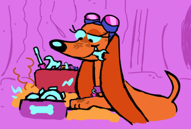 black_nose brown_body brown_fur collar collar_tag eyewear eyewear_on_head female feral fur goggles goggles_on_head holding_object holding_tool holding_wrench house_collar_tag long_ears pink_collar solo toolbox tools wrench mewnikitty hasbro pound_puppies pound_puppies_(2010) strudel canid canine canis dachshund domestic_dog hunting_dog mammal