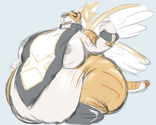 anthro areola belly big_areola big_belly big_butt biped black_nose blue_background breasts butt clothing fat_rolls feathered_wings feathers fur halo huge_belly huge_butt nipples obese obese_anthro overweight overweight_anthro simple_background striped_body striped_fur stripes wings ambergate halley_(ambergate) deity felid mammal pantherine tiger 2026 digital_media_(artwork) nonbinary_(lore)