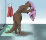 anthro barefoot bathroom biped breasts brown_body brown_fur brown_nose eyes_closed feet female fur inside nude paws shower side_boob solo standing towel whiskers greyfox_(artist) mammal mustelid otter