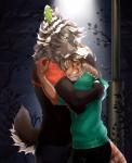 anthro black_body black_fur brown_body brown_fur clothed clothing duo eyes_closed female fur green_eyes hug male tyshka bastika grum_(grumbbuck) felid feline mammal 2019 digital_media_(artwork) hi_res