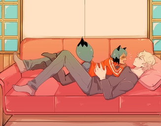anthro brown_body brown_fur clothing duo female fluffy fluffy_tail fur furniture hug legwear lying lying_on_partner lying_on_top male male/female on_back on_front orange_body orange_fur pillow romantic romantic_ambiance romantic_couple size_difference sofa stockings tail window tennko brand_new_animal studio_trigger michiru_kagemori shirou_ogami canid canine human mammal raccoon_dog tanuki